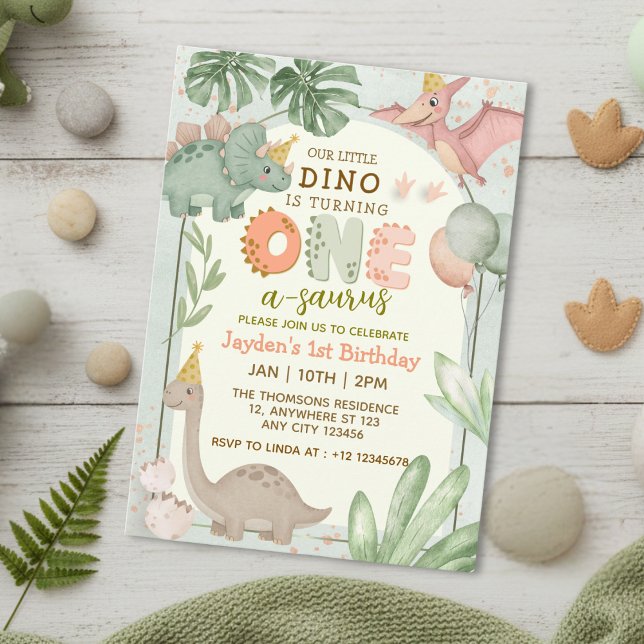 Cute Pastel Green Dinosaur One-A-Sauraus Birthday  Invitation (Creator Uploaded)