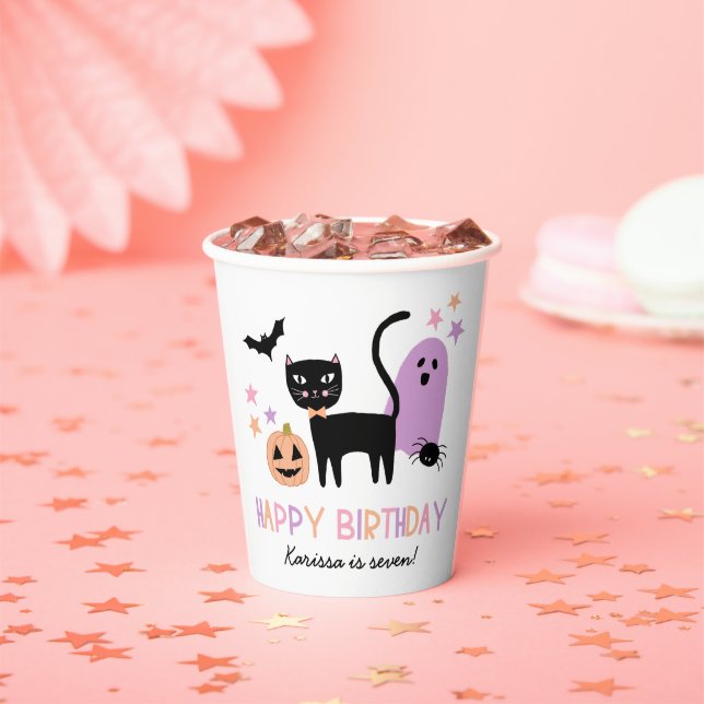 Cute Pastel Halloween Cat Ghost Pumpkin Name Paper Cups (Insitu)