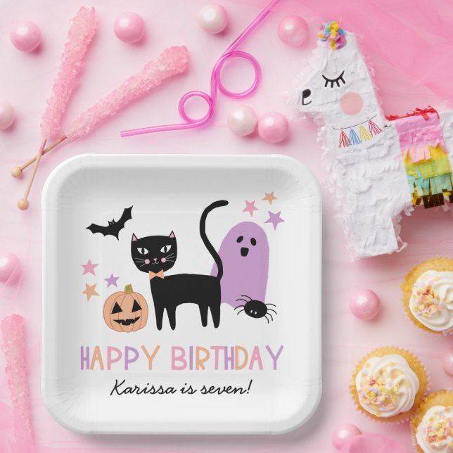 Cute Pastel Halloween Happy Birthday Name Paper Plate (Party)