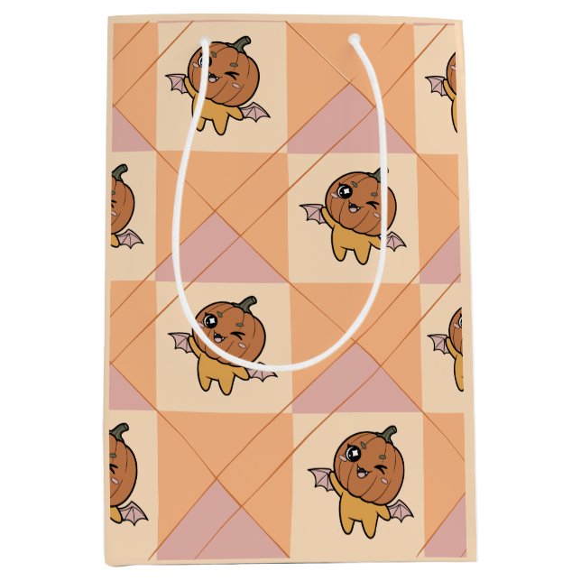 Cute Pastel Halloween Pumpkin Bat Pattern Medium Gift Bag (Front)