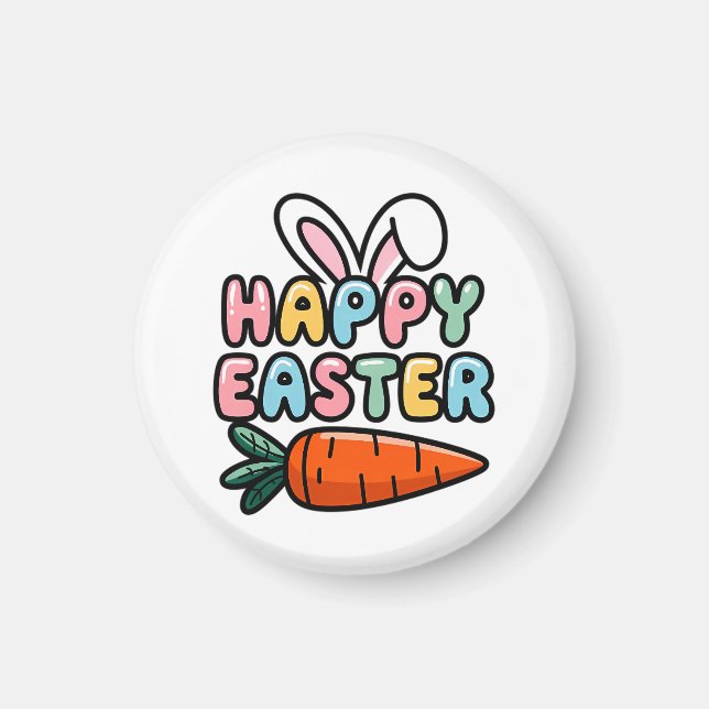 Cute Pastel Happy Easter Bunny Ears with Carrot Magnet (Front)