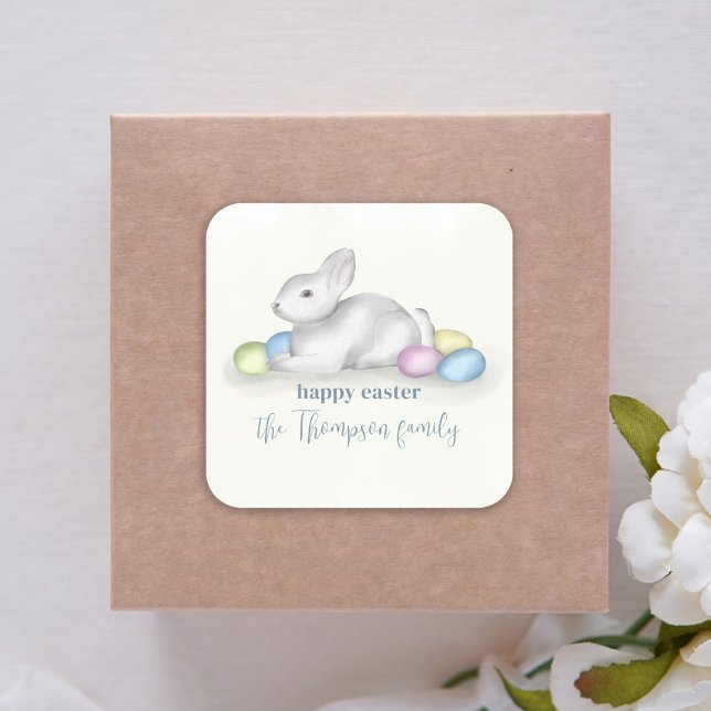 Cute Pastel Happy Easter Bunny Simple Classic Square Sticker (Creator Uploaded)