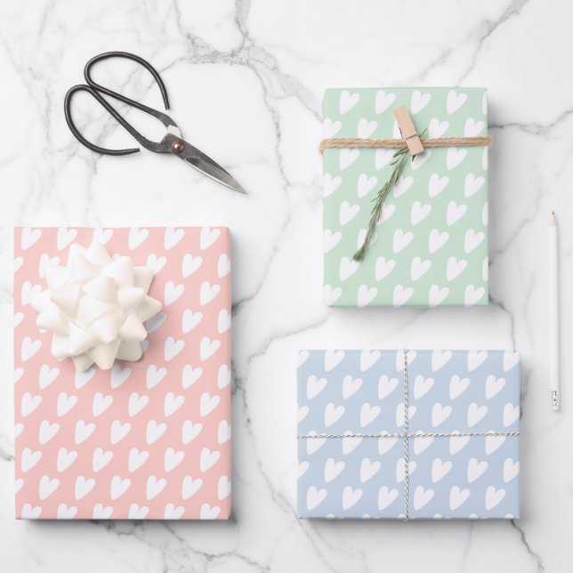 Cute Pastel Hearts Pink Blue Green Wrapping Paper Sheet (Front)