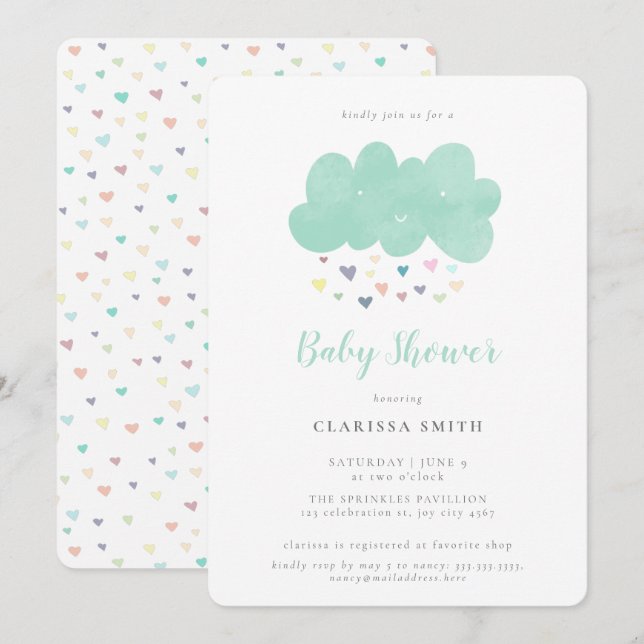 Cute Pastel Hearts Rain Cloud Baby Shower Invitation (Front/Back)