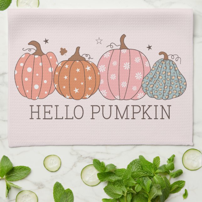 Cute Pastel Hello Pumpkin  Kitchen Towel (Folded)