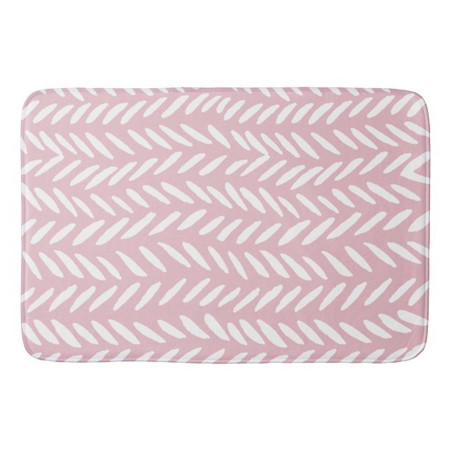 Cute pastel herringbone pattern on pink square bath mat (Front)