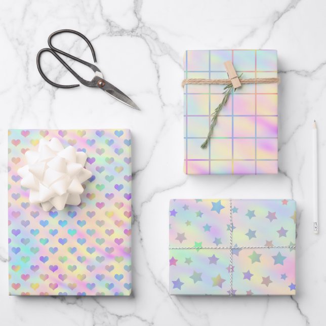 Cute, Pastel, Holographic Heart, Star and Square Wrapping Paper Sheet (Front)