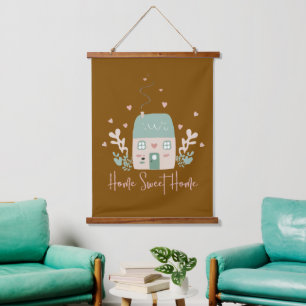 Cute Pastel "Home Sweet Home" Illustration – Cozy Hanging Tapestry