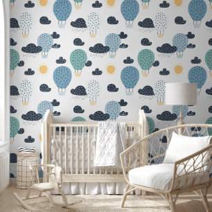 Cute Pastel Hot Air Balloon In Clouds Boys Nursery Wallpaper