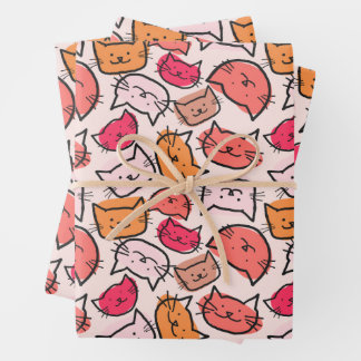 Cute Pastel, Hot Pink & Orange Hand Drawn Cat Face Wrapping Paper Sheet