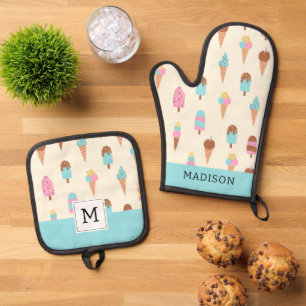 Cute Pastel Ice Cream Sweets Pattern Oven Mitt & Pot Holder Set