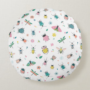 Cute Pastel Insect and Bug Pattern Round Pillow