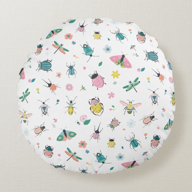 Cute Pastel Insect and Bug Pattern Round Pillow (Front)