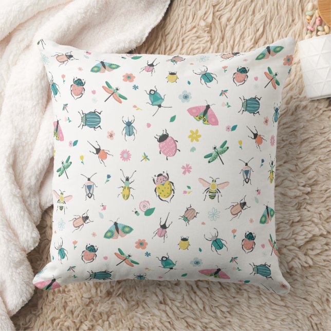Cute Pastel Insect and Bug Pattern Throw Pillow (Blanket)