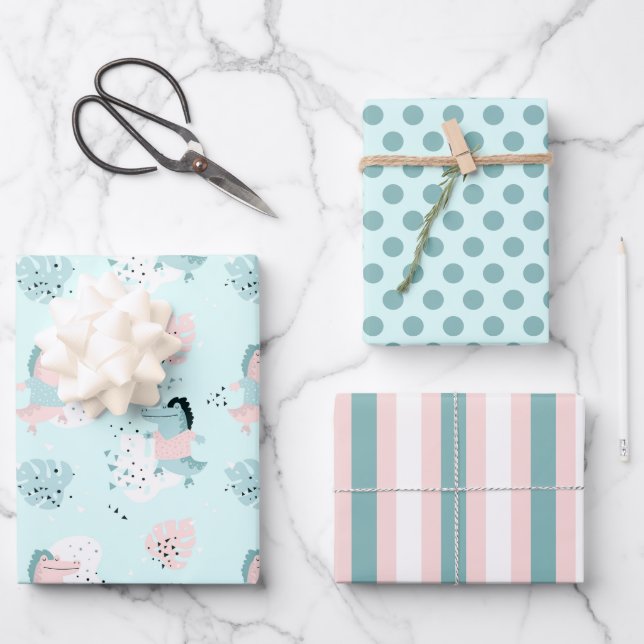 Cute Pastel Jungle Alligators Wrapping Paper Set (Front)