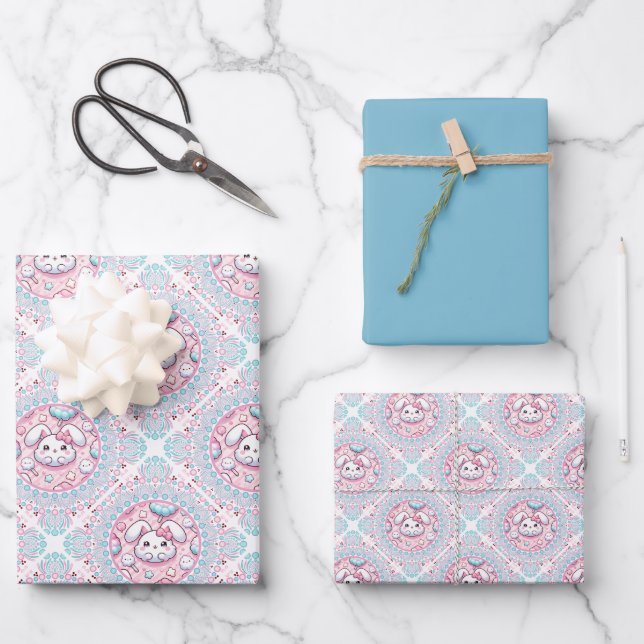 Cute Pastel Kawaii Bunny Dot Mandala Diamond Tile Wrapping Paper Sheet (Front)