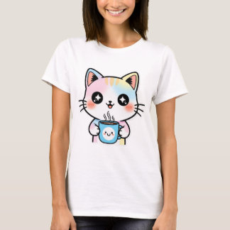 Cute Pastel Kawaii Cat with Coffee Mug Sticker T-Shirt
