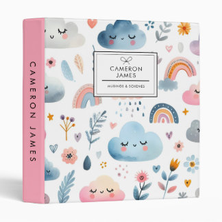 Cute Pastel Kawaii Clouds and Boho Rainbow Pattern Binder