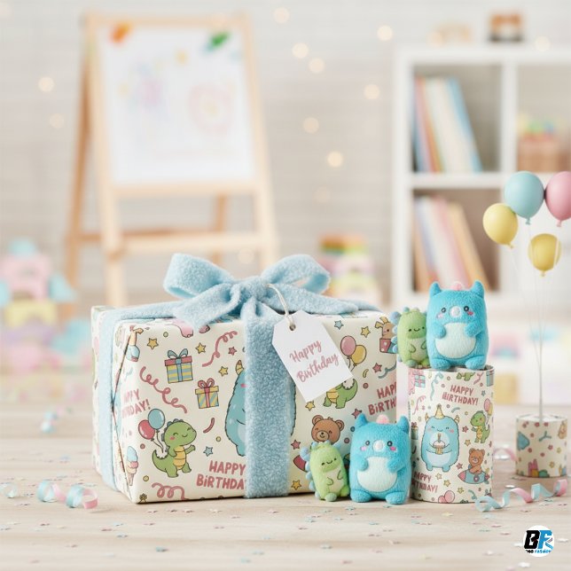 Cute Pastel Kawaii Monster and Friends Birthday Wrapping Paper (Creator Uploaded)