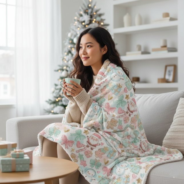 Cute Pastel Kawaii Winter Santa & Snowman Pattern Sherpa Blanket (Creator Uploaded)