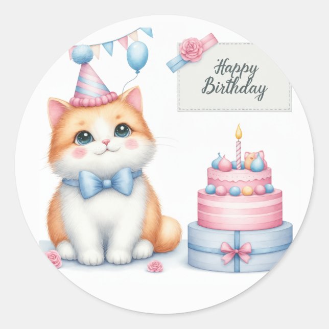 Cute Pastel Kitten Birthday Cake - Birthday Classic Round Sticker (Front)