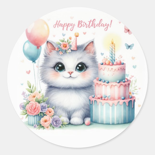 Cute Pastel Kitten Birthday Cake - Birthday Classic Round Sticker (Front)
