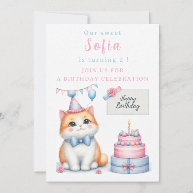 Cute Pastel Kitten Birthday Cake - - Birthday  Invitation (Front)