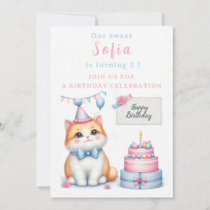 Cute Pastel Kitten Birthday Cake - - Birthday Invitation