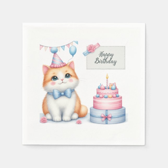 Cute Pastel Kitten Birthday Cake - Birthday Napkin (Front)