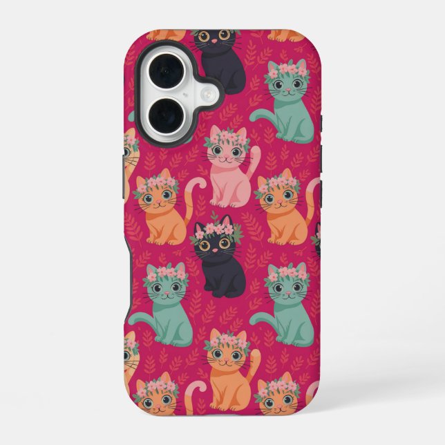 Cute Pastel Kittens Pattern iPhone 16 Case (Back)