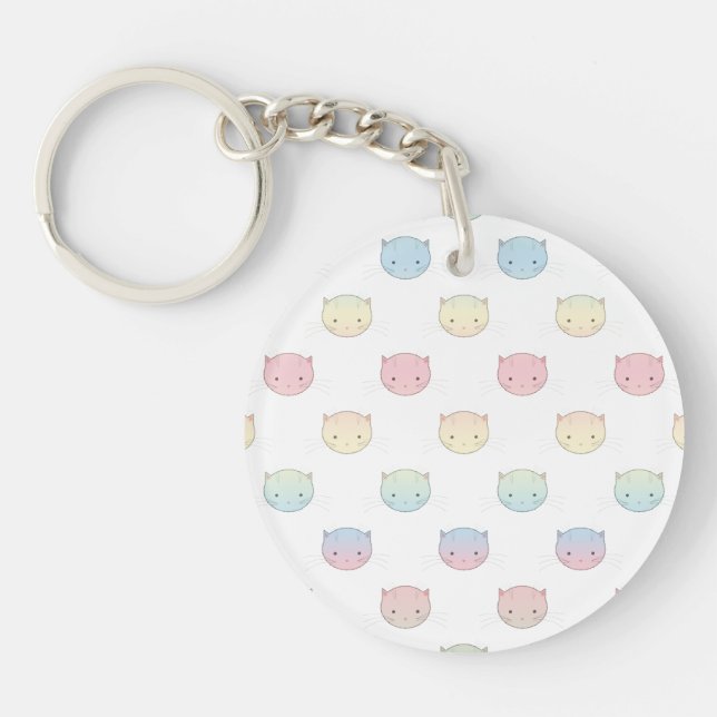 Cute Pastel Kitty Cat Faces Pattern Keychain (Front)