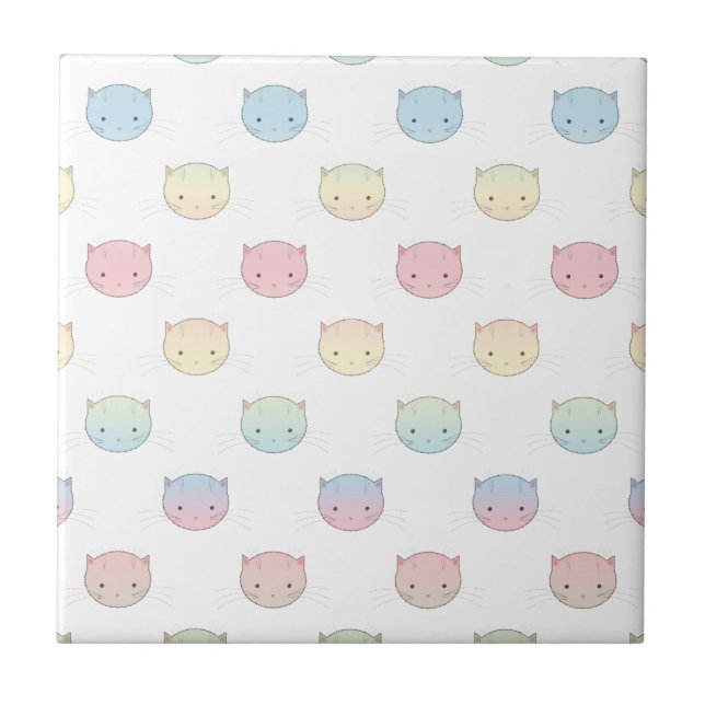 Cute Pastel Kitty Cat Faces Pattern Tile (Front)