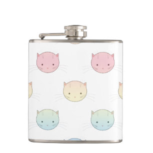 Cute Pastel Kitty Faces Pink Blue Green Yellow Hip Flask