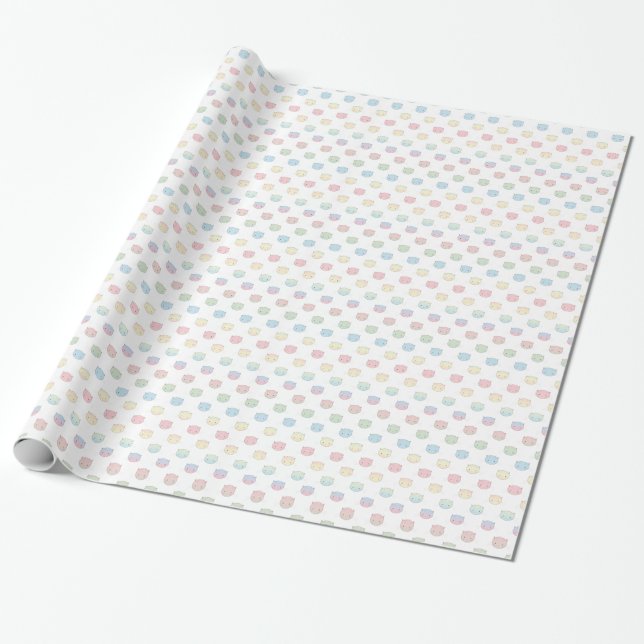 Cute Pastel Kitty Faces Pink Blue Green Yellow Wrapping Paper (Unrolled)