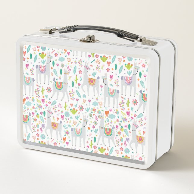 Cute Pastel Llama Pattern Metal Lunch Box (Front)