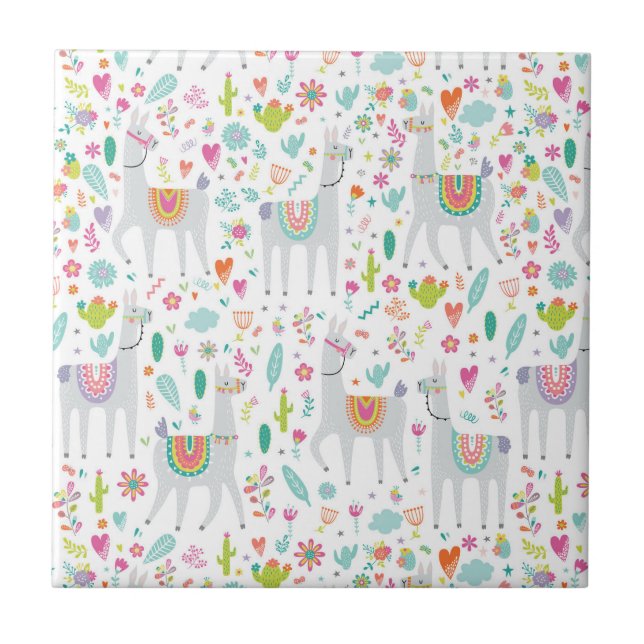 Cute Pastel Llama Pattern Tile (Front)