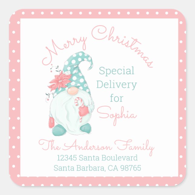 Cute Pastel Merry Christmas Customized Name Gnome  Square Sticker (Front)