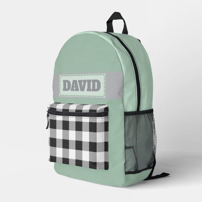 Cute Pastel Monogram Stitched Patch Buffalo Plaid  Printed Backpack (Back Corner Right)