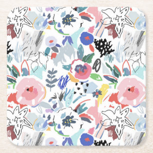 Cute Pastel Multi-Colour Floral Pattern Square Paper Coaster
