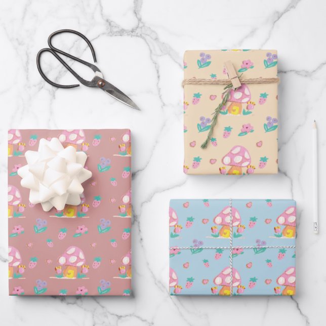 Cute Pastel Mushroom Wrapping Paper Sheet (Front)