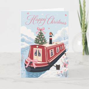 Cute Pastel Narrowboat Christmas Robin Card