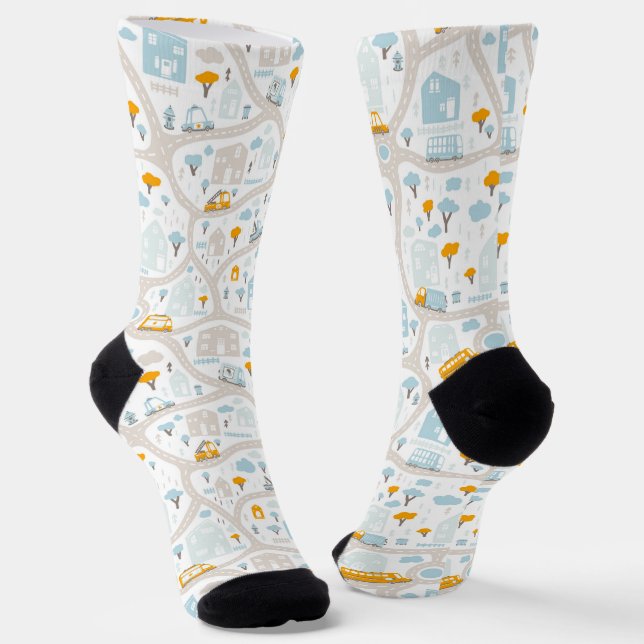 Cute Pastel Neighbourhood Map Pattern Socks (Angled)