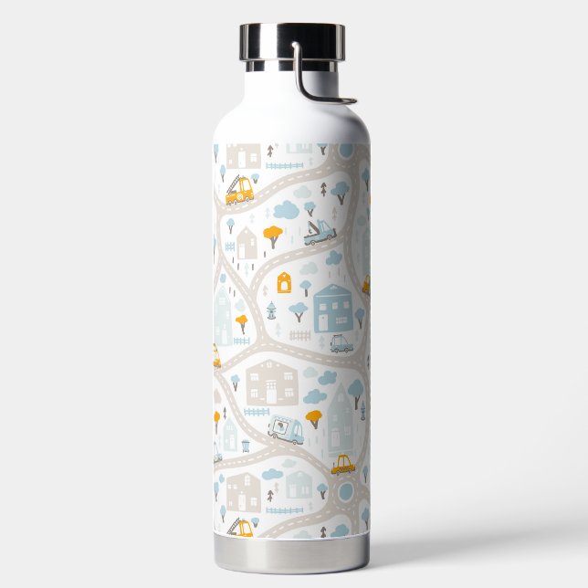 Cute Pastel Neighbourhood Map Pattern Water Bottle (Left)