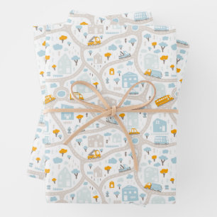Cute Pastel Neighbourhood Map Pattern Wrapping Paper Sheet