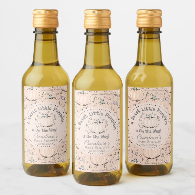 Cute Pastel Orange Little Pumpkin Fall Baby Shower Wine Label (Bottles)