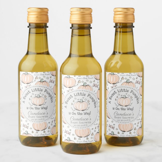 Cute Pastel Orange Little Pumpkin Fall Baby Shower Wine Label (Bottles)