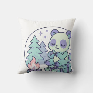 Cute Pastel Panda by the Campfire with Gifts Throw Pillow
