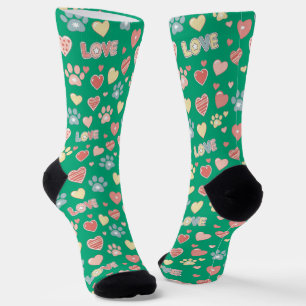 Cute Pastel Paw Prints and Hearts Pattern "LOVE" Socks