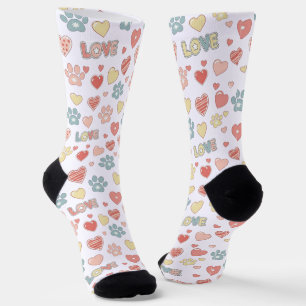 Cute Pastel Paw Prints and Hearts Pattern "LOVE"  Socks