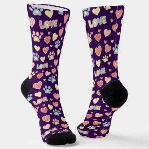 Cute Pastel Paw Prints and Hearts Pattern "LOVE"  Socks